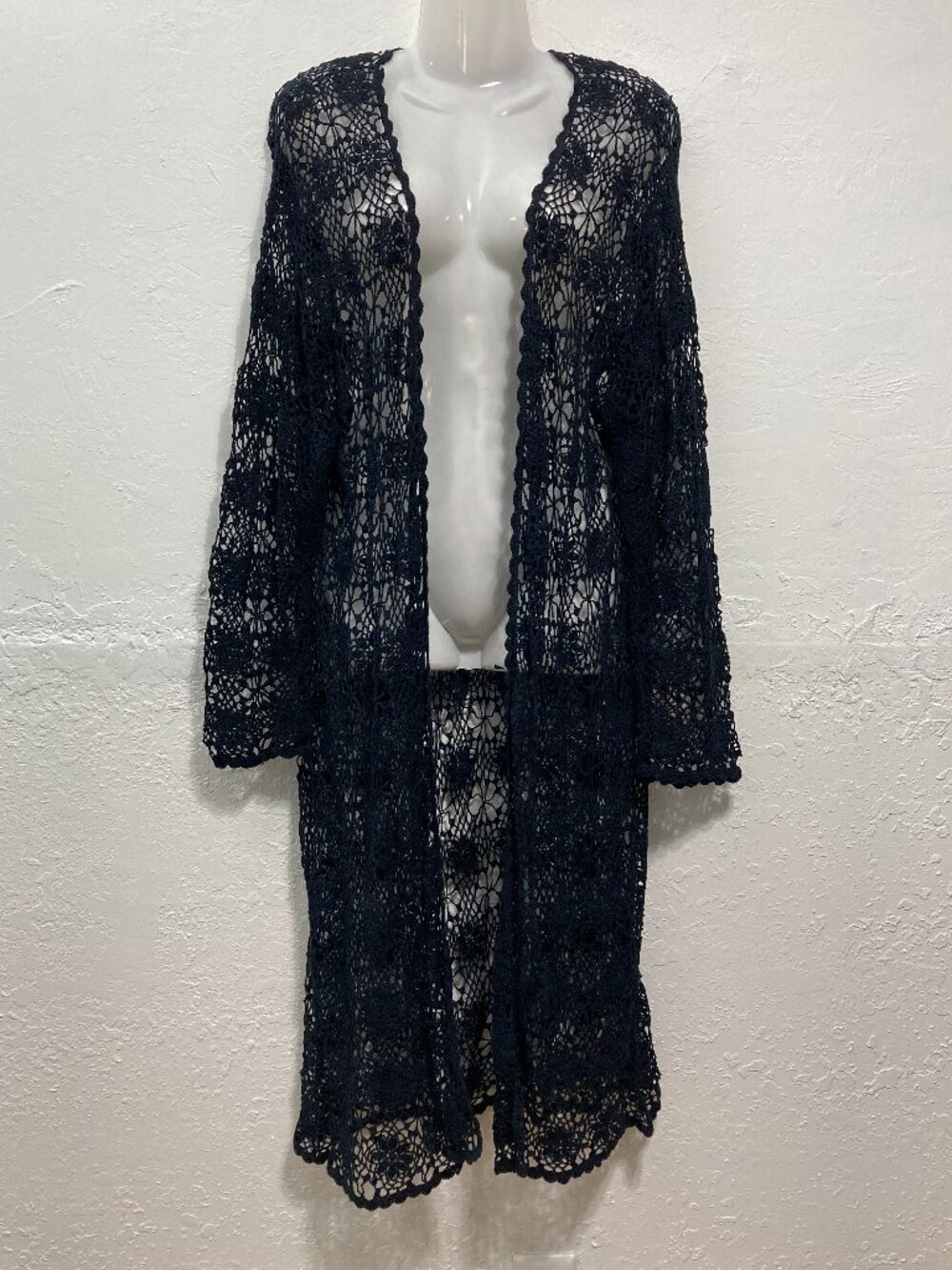 Shape FX Crochet Knit Long Sleeve Open Front Cardigan Top Cover Up Navy Blue